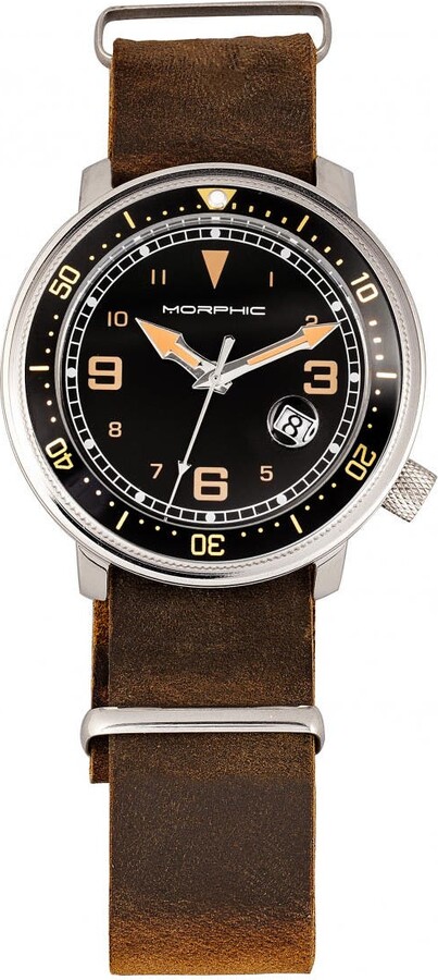 Morphic M74 Series Leather-Band Watch w/Magnified Date Display