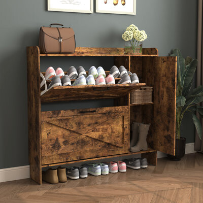 George Oliver Rustic Brown Freestanding Shoe Cabinet With 2 Flip Drawers And Hidden Storage Narrow Organizer For Entryway Mirror Adjustable Interior Different Typ