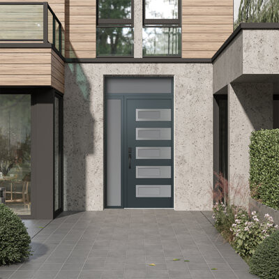 Tessari D3 Right-Hand 50 In. X 96 In. Panel Silver Steel Black And Black Mirrored Glass With Sidelite And Transom Mirrored Glass Prehung Front Entry Door