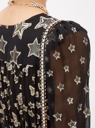 LoveShackFancy Cyrena V-neck Metallic-star Silk-blend Crepe Dress - Black Print
