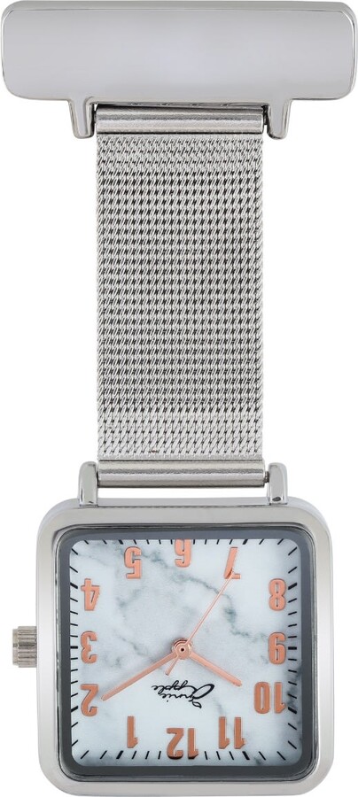 Bermuda Watch Company Annie Apple Square Rose Gold & Marble Silver Mesh Nurse Fob Watch