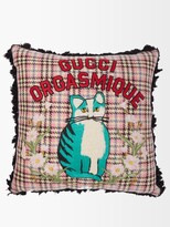 Thumbnail for your product : Gucci Cat-embroidered Wool-blend Tartan Cushion - Pink Multi