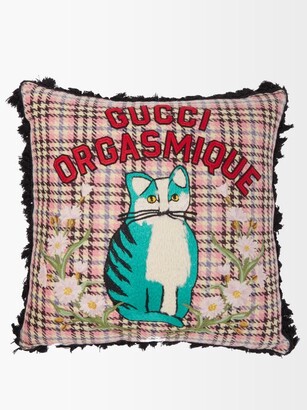 Gucci Cat-embroidered Wool-blend Tartan Cushion - Pink Multi