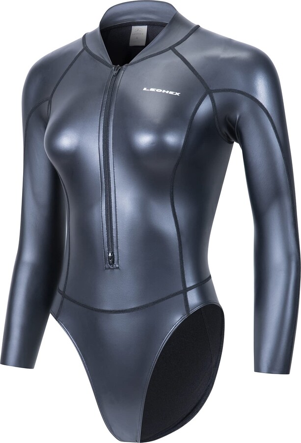 LEOHEX Long Sleeve Rash Guard Women Metallic Shiny One Piece Swimsuit
