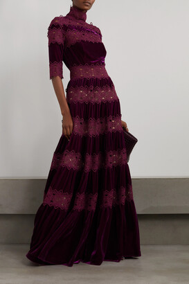 Costarellos Lissie Paneled Velvet And Guipure Lace Gown - Burgundy