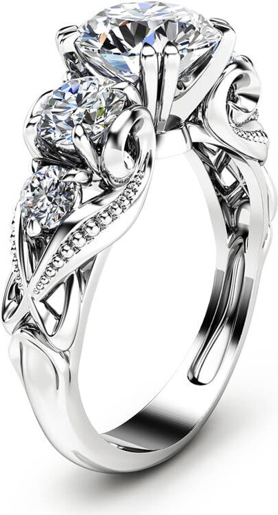 Three Stone Lab Diamond Engagement Ring With Leaf Motif & Sculpted Vintage Details