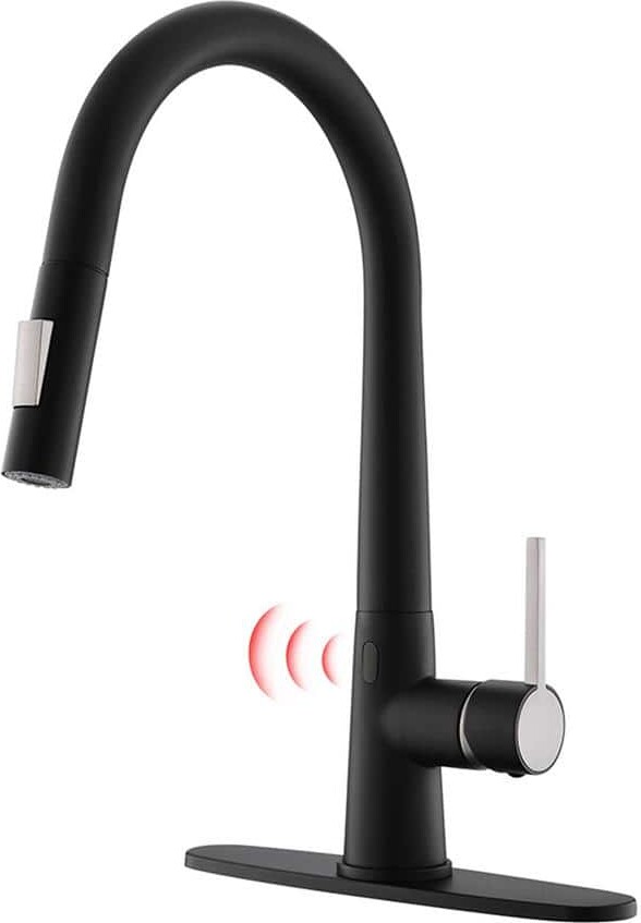 FLG Single Handle Smart Touchless Gooseneck Commercial Pull Down Sprayer Kitchen Faucet with Deckplate in Matte Black