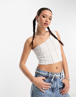 Uncovered Exposed Seam Bardot Crop Top in Blue