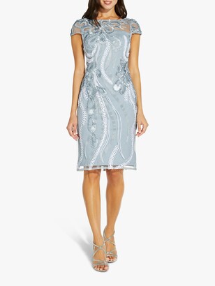 Adrianna Papell Cocktail Floral Embroidered Knee Length Dress, Light Grey