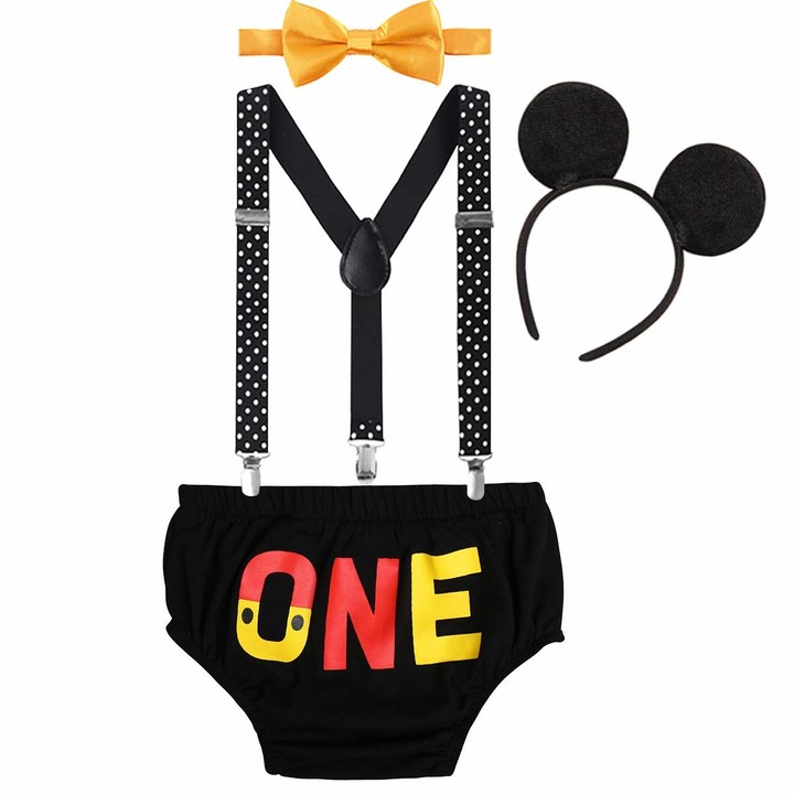 IZKIZF Cake Smash Outfits Baby Boys 1st 2nd Birthday Photo Props Outfits Printed Diaper Cover Suspenders Bow Tie