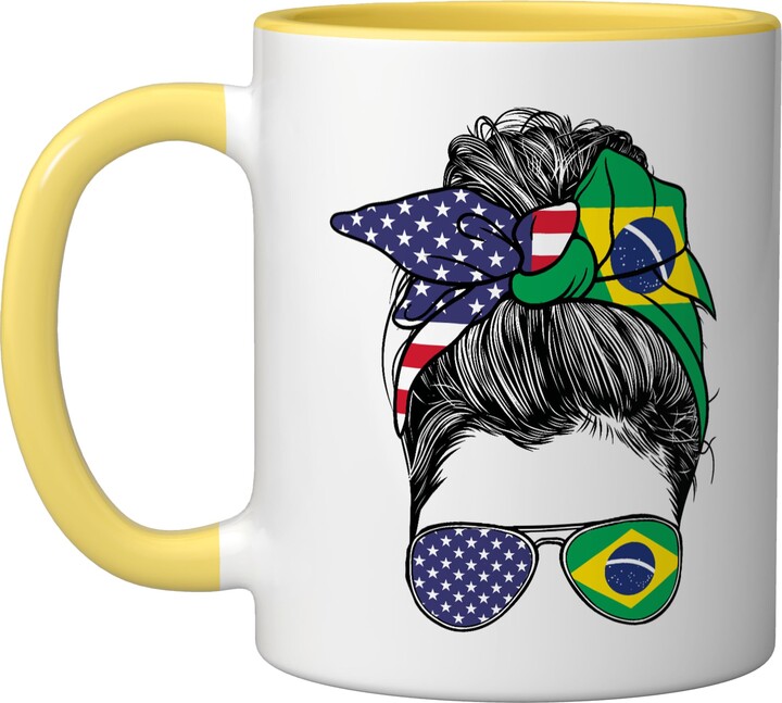 Brazilian American Flag Brazilian Roots USA Brazilian Women Girl USA Heritage Backprint Brazil Flag Ceramic Mug, Yellow/White