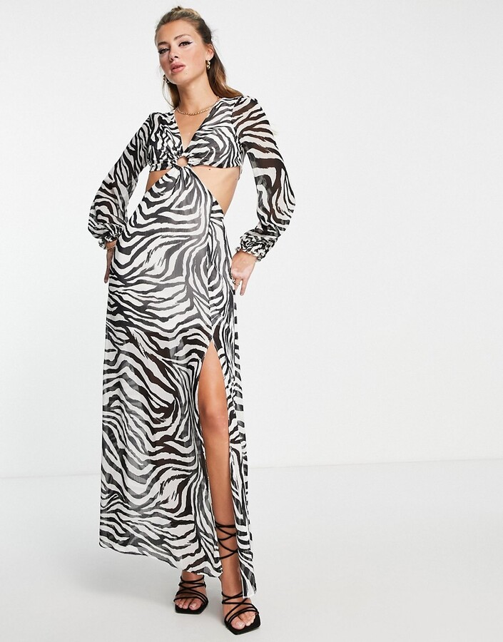 Miss Selfridge chiffon cut out maxi dress in mono zebra print - ShopStyle