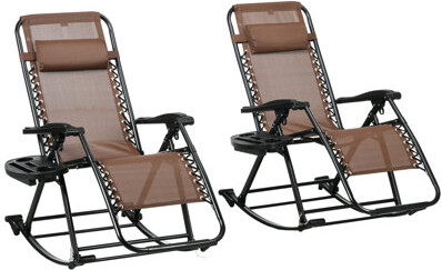 Arlmont & Co. Outsunny Set Of 2 Outdoor Rocking Chairs, Foldable Reclining Zero Gravity Lounge Rocker With Pillow, Cup & Phone Holder, Combo Design With Folding Leg