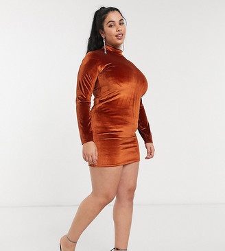 Rokoko Plus high neck long sleeve bodycon dress in burnt orange velvet -  ShopStyle