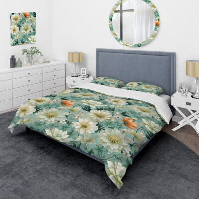Design Art Mint Poppies Motifs - Floral Duvet Cover Set - Microfiber Polyester