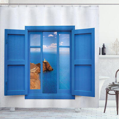 East Urban Home Blue White Shower Curtain Mountain Ocean Sea White Blue