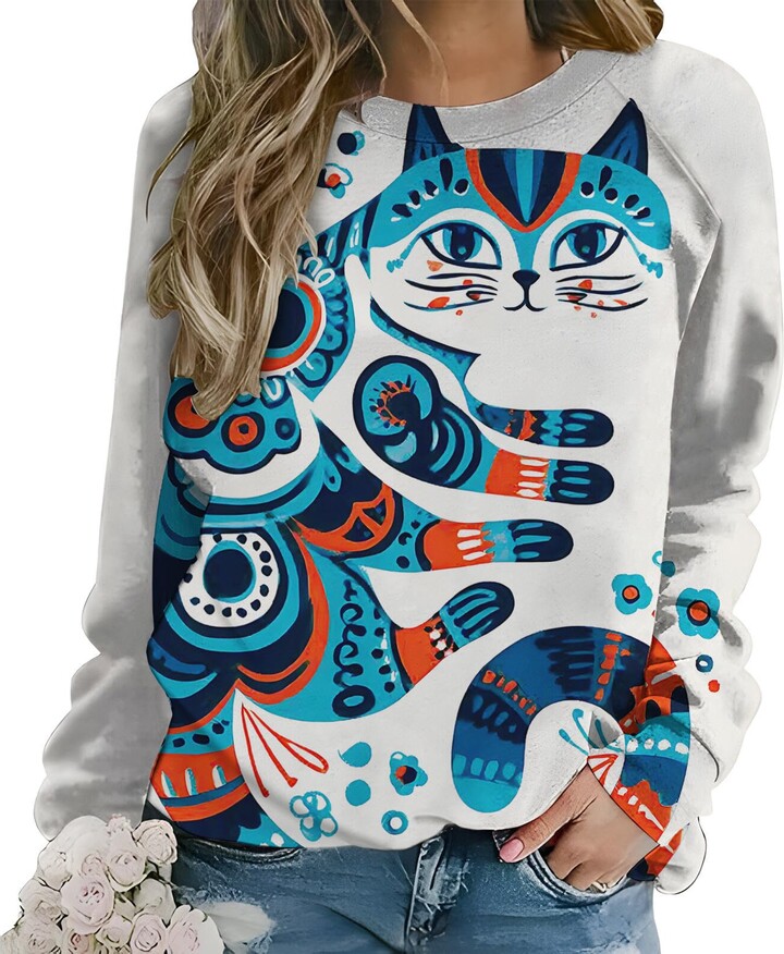 Costaric Art Cat Pullover for Women Crewneck Long Sleeve Sweatshirt Fall Winter Soft Fluffy Abstract Graphic Boho Tops