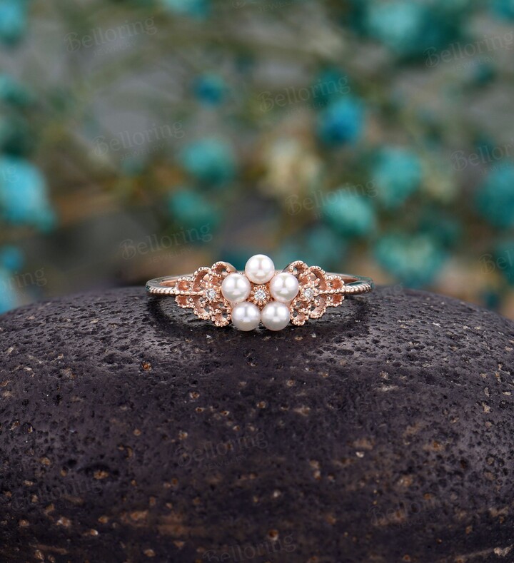 Etsy Vintage Pearl Engagement Ring Art Deco Rose Gold Diamond Wedding Rings Unique Cluster Flower Bridal Ring Antique Promise Anniversary Ring