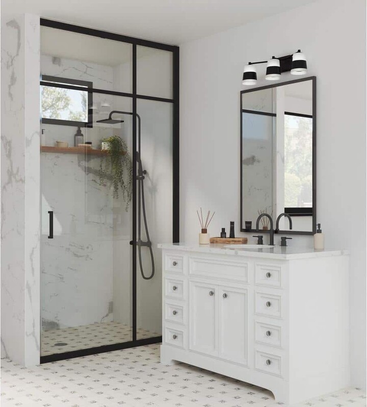 Progress Lighting Haven Collection 24 in. 3-Light Matte Black Opal Glass Luxe Industrial Vanity Light