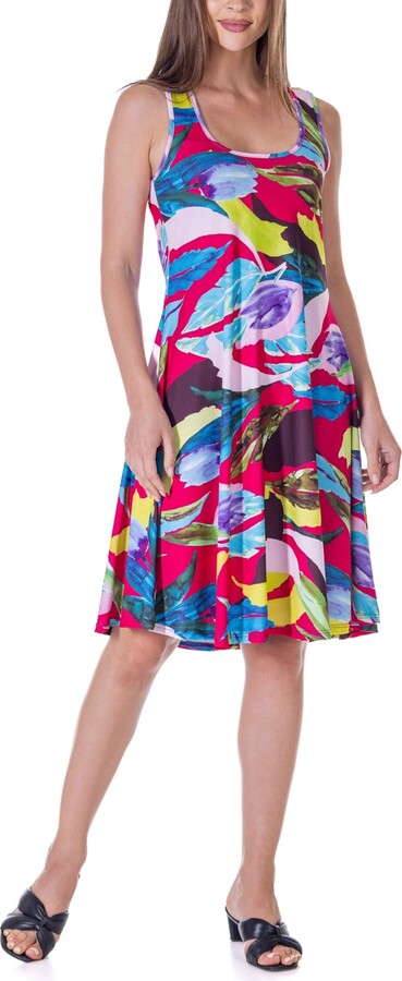 24seven Comfort Apparel Women's Print Sleeveless Knee Length Tank Swing Dress