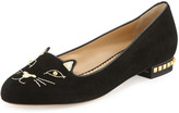 Thumbnail for your product : Charlotte Olympia Kitty Cat-Embroidered Stud-Heel Flat, Black