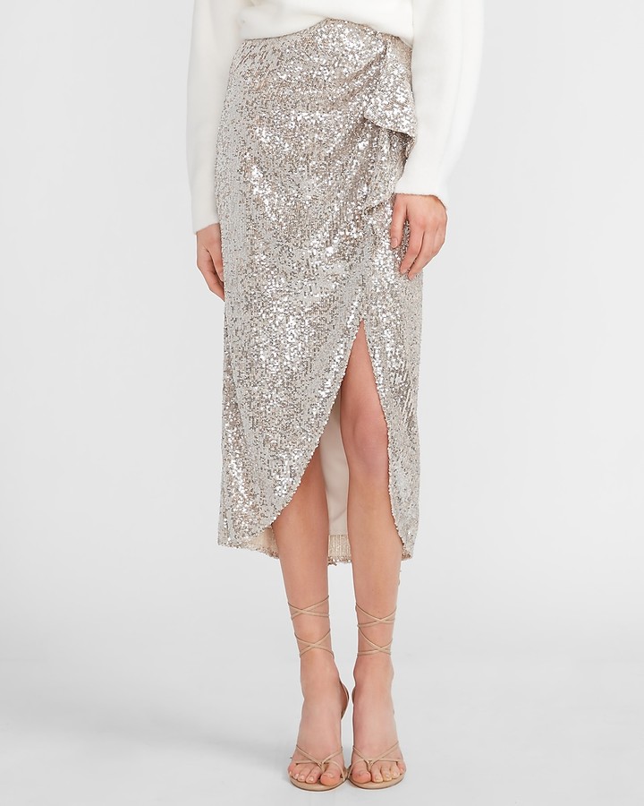 Express High Waisted Sequin Wrap Midi ...