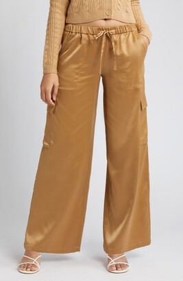 Wide Leg Trousers, Ladies Brown Trousers Solid Color Satin With
