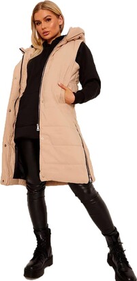 Urban Fashion Women's Gilet Jacket Longline Hooded Quilted Zip Up Vest Waistcoat Black Padded Winter Wear Bodywarmer Long Gilets Coat For Ladies (Grey)