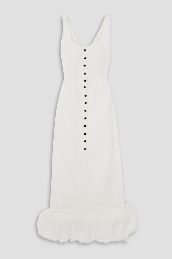 Pleated embellished feather-trimmed velvet midi dress