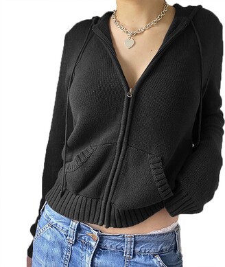 FeMereina Women Y2k Crop Top Hoodie Cable Knit Sweater Zip Up Long Sleeve  Pockets Cardigan Sweater Y2K Autumn Pullover (Z4 - ShopStyle