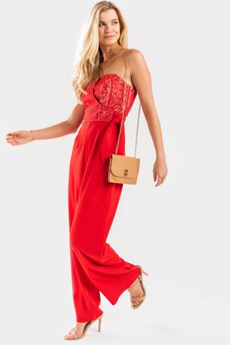 red strapless jumpsuit