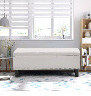 Storage Ottoman Bench with Wood Legs, Upholstered Bedroom Bench with Button-Tufted, Storage Bench with High-density Resilient Sponge Rivet Design for