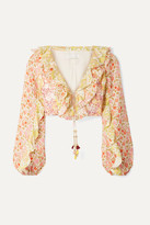 Thumbnail for your product : Zimmermann Goldie Cropped Ruffled Floral-print Linen Top - Pink