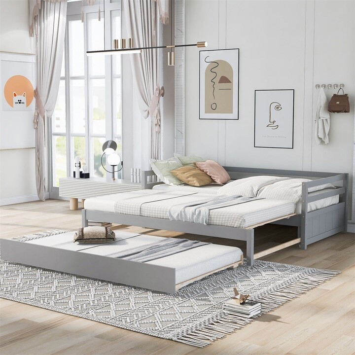 Merax Wooden Daybed Extendable Bed with Trundle Sofa Bed for Bedroom