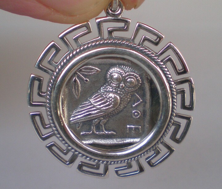 Etsy Owl Of Wisdom X-Large Coin Pendant With Meander Design High Quality Item -Athena