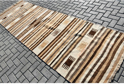 Union Rustic Handmade Turkish Runner Rug With Earthy Tones And Unique Geometric Patterns Featuring Brown And Beige Stripes For An Exquisite Bohemian Floor Decor Ex