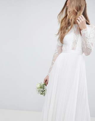ASOS Edition EDITION Long Sleeve Lace Bodice Maxi Wedding Dress with Pleated Skirt
