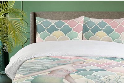 Ambesonne Memaid Duvet Cover Set Pastel Undersea Scales Shell Calking Pale Teal Soft Pink