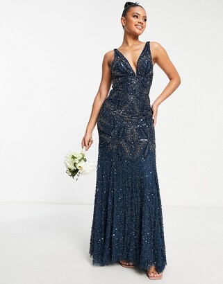 Beauut Bridesmaid plunge front allover embellished maxi dress in navy