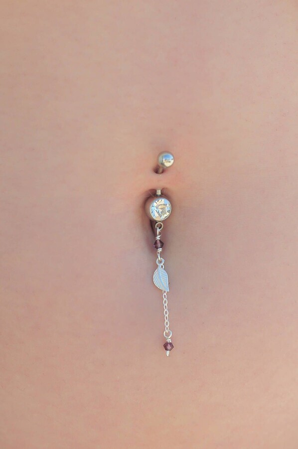 Etsy Tiny Silver Leaf Charm & Purple Swarovski Crystal Beaded Belly Button Piercing, Navel Ring, The Perfect Addition To Your Summer Jewelry Look