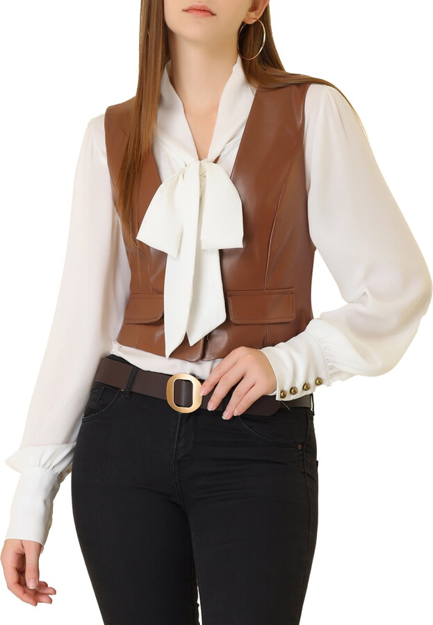 Unique Bargains Women’s Retro Vest Button Front Sleeveless PU Faux Leather Vest