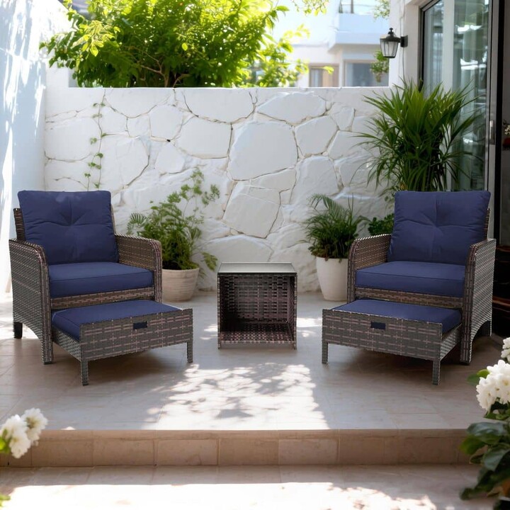 UPHA 5-Pieces Wicker Patio Furniture Set, Outdoor Chairs with Ottomans, NavyBlue Cushions