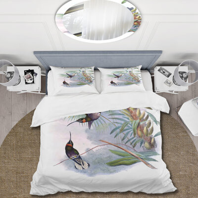 Design Art Vintage Hummingbird On A Branch - Traditional Duvet Cover Set - Microfiber Polyester