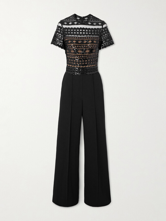 Elie Saab Sequin-embellished Lace And Cady Jumpsuit - Black