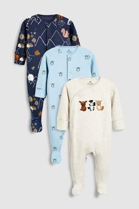 Next Boys Oatmeal/Navy Animal Embroidered Sleepsuits Three Pack (0mths-2yrs)
