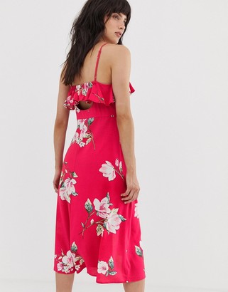 Band of Gypsies ruffle front button down midi dress in pink floral print