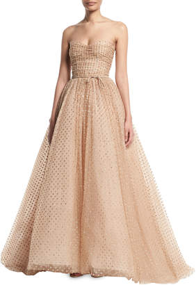 Monique Lhuillier Strapless Glittered-Dot Ruched-Bodice Tulle Ball Gown