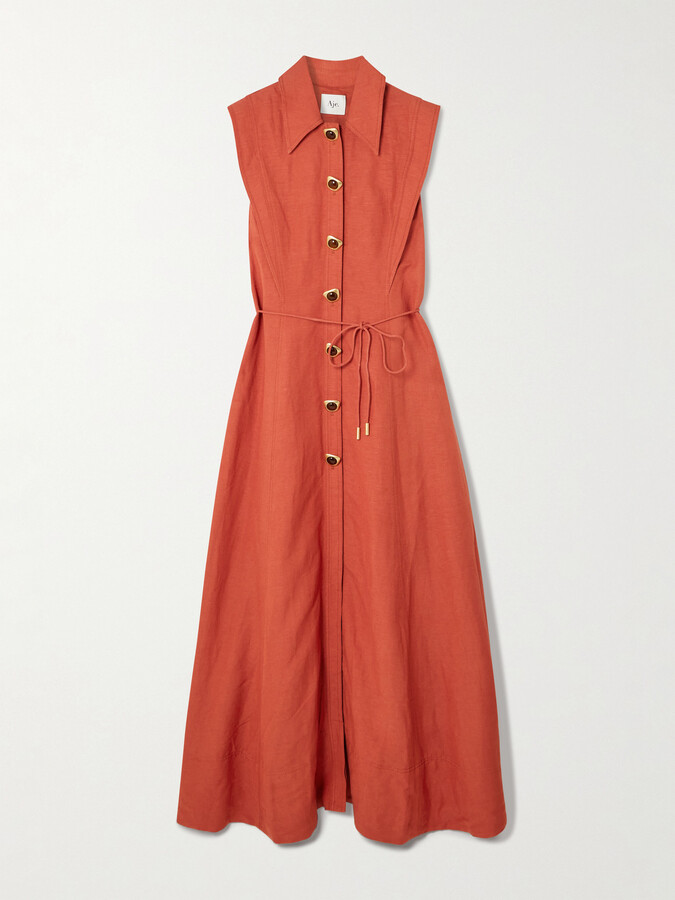 Aje Belted Embellished Linen-blend Maxi Shirt Dress - Orange