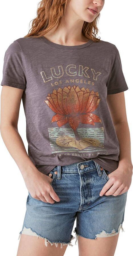 Lucky Brand Women's Short Sleeve Lucky Pond Lotus Graphic Tee