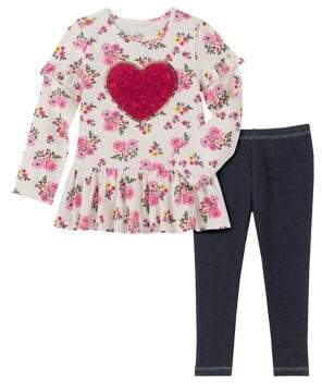 Kids Headquarters Little Girl's 2-Piece Floral Heart Tunic & Leggings Set